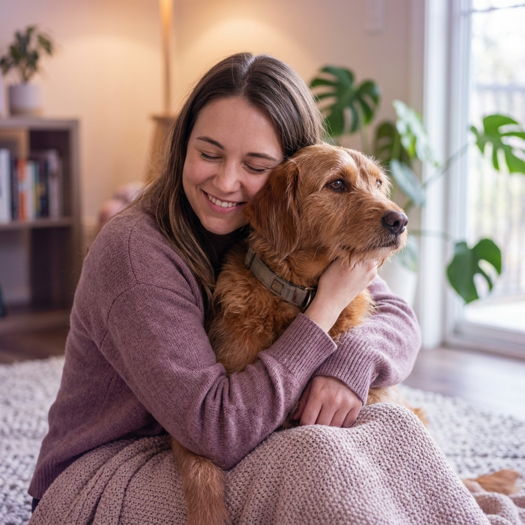 Cachorro feliz abraçado por sua tutora
